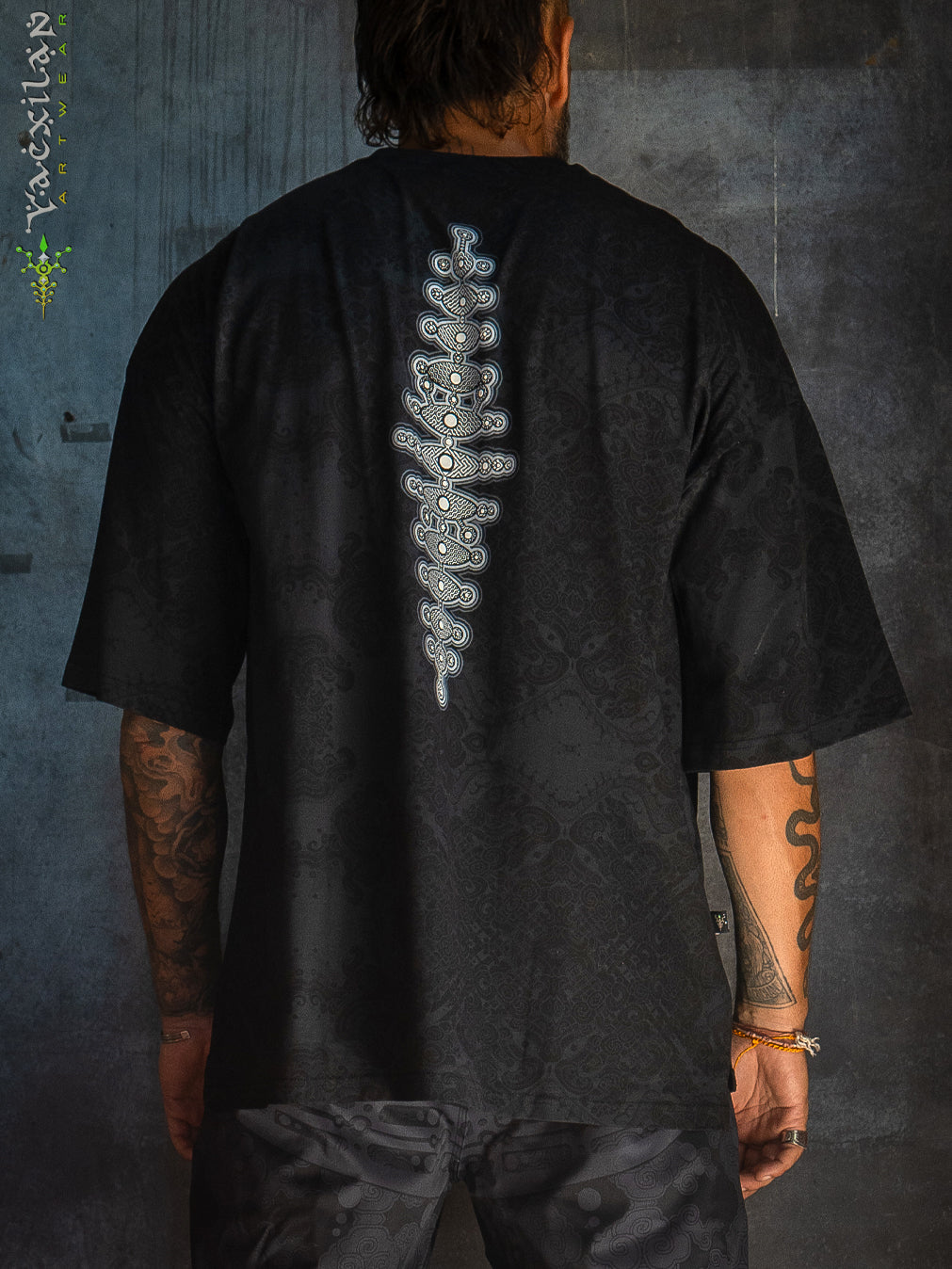 T-Shirt Oversized Men / Black Cotton Shinker - MAYAN CODEX Galactik Spine New